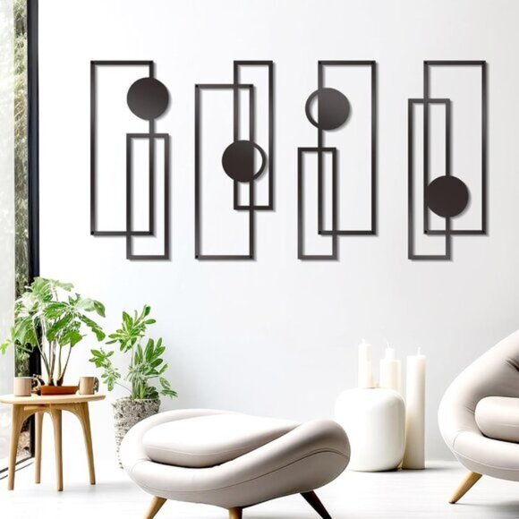 New 4Pcs Modern Large Minimalist Black Geometric Metal Wall Art for Home Decor